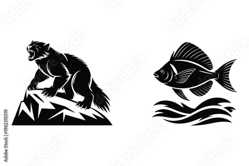 Wolverine on rocky mountain and fish with waves vector silhouette