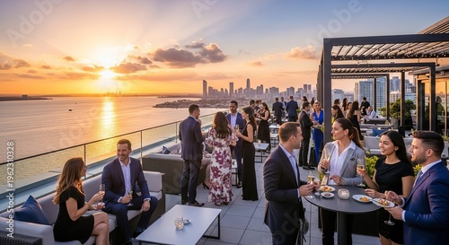 A group of formally dressed people socializing on a rooftop patio overlooking the city skyline during a beautiful sunset