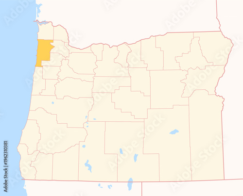 Map of the County Tillamook (Oregon, US) showing the Federal State with the highlighted County