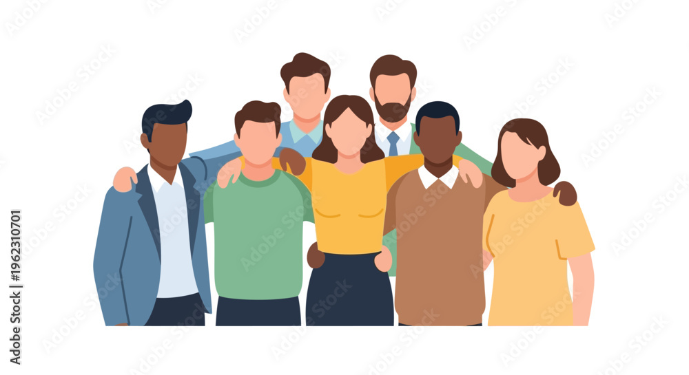 Fototapeta premium Diverse Group Hug: Illustrative Portrayal of Teamwork, Unity, and Inclusion in a Modern Flat Design Style