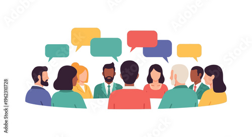 Diverse Group Discussion with Speech Bubbles - Communication, Collaboration & Idea Exchange