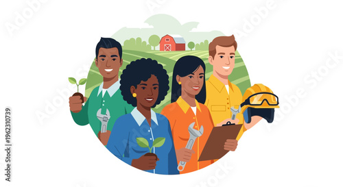 Diverse Workforce: Agriculture, Skilled Trades, and Sustainable Development Professionals with Tools and Plants Illustration