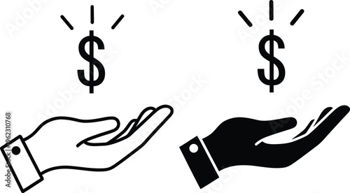 Two hands reaching for dollar signs in a symbolic representation of financial gain or exchange