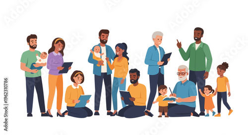 Diverse Community Group Reading & Learning: Multi-Generational People with Books & Tablets Illustration