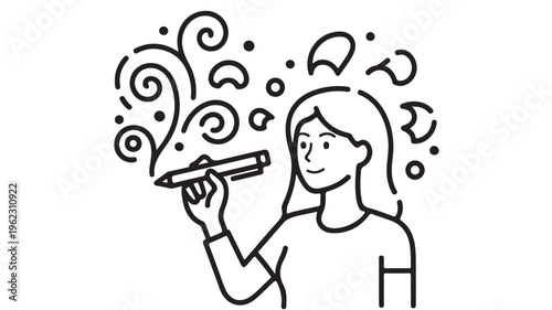Woman doodle drawing with colorful swirls and speech bubbles coming out of her mouth from a marker featuring illustration, line art, cartoon with