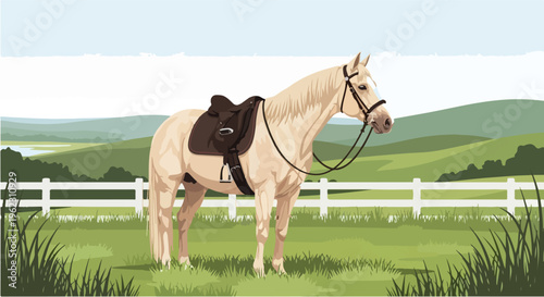 A majestic brown stallion grazes peacefully in the cool water of a serene river surrounded by lush green summer pastures in a quiet rural landscape