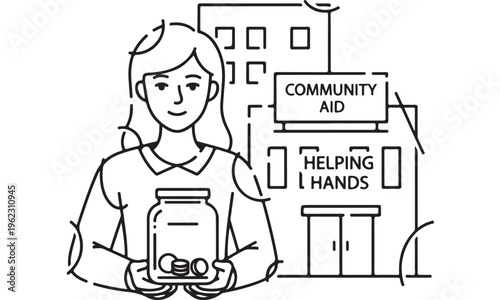 Woman holding a jar with coins in front of community aid building with helping hands featuring charity, donation, volunteer with kindness and