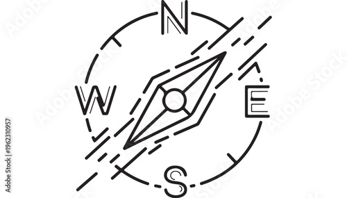 Compass navigation tool with directional arrows and dashed lines on a circular dial with north south east west indicators