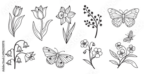 Set of hand-drawn spring flowers and butterflies black outline vector illustrations isolated on white background