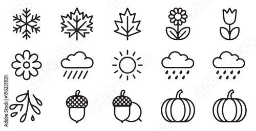 Set of weather and season related line icons isolated on white background including autumn elements