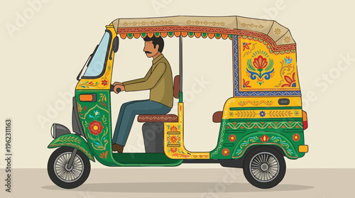Vibrant auto-rickshaw illustration with a driver, showcasing traditional urban transportation and local travel culture in a bustling Asian city