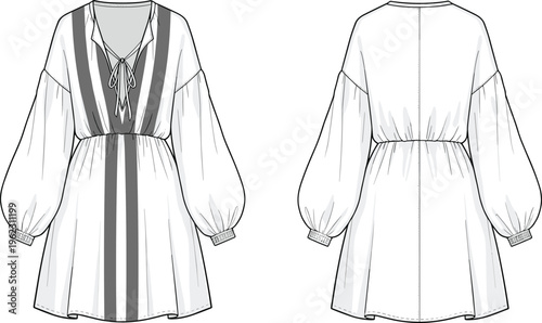 Boho lace up dress vector illustration front and back view long sleeve relaxed fit fashion technical sketch