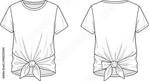 Knotted hem t shirt vector illustration front and back view casual short sleeve fashion technical sketch