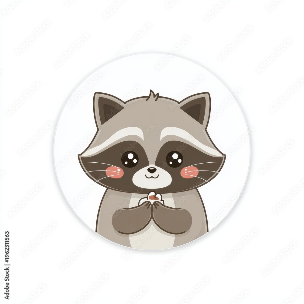 Obraz premium Cute Kawaii Raccoon With Big Eyes Holding Food on White Background, Perfect for Stickers or Urban Wildlife Art, Ideal for Animal Lovers and Nature Fans