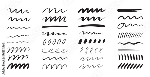Minimalist ink brush strokes set featuring squiggly lines underscores and handwritten calligraphy markings