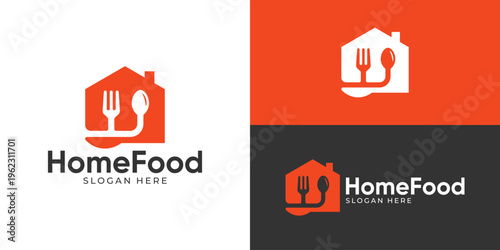 Creative simple home food logo template. Home with spoon fork knife symbol logo design vector illustration.