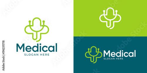 Creative simple medical logo template. Cross plus with stethoscope symbol healthcare logo design vector illustration.