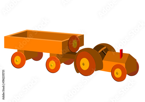 Jouet d'enfant composé d'un tracteur et d'une remorque en bois