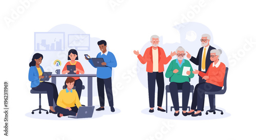 Diverse Generations: Young Professionals in Modern Workspace & Senior Group Collaboration