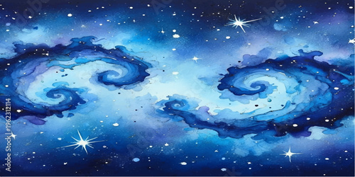 An abstract fractal blue background with water drops reveals a celestial winter night sky where stars and a planet shine over an artistic galaxy universe