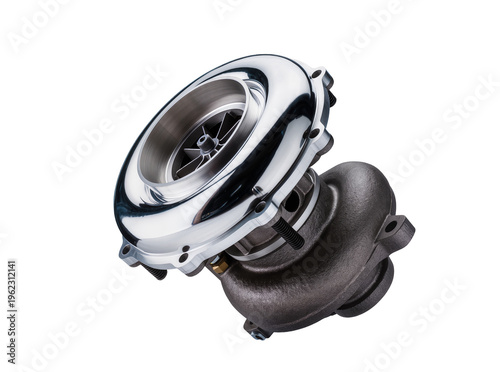 Foto Isolated modern metallic high performance automotive turbocharger engine component for vehicle power