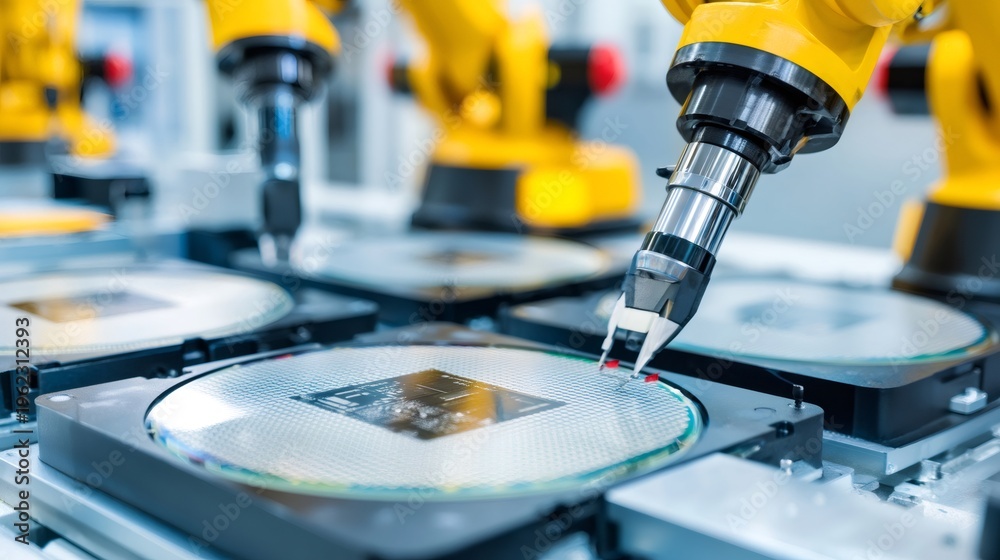 Fototapeta premium Robotic arm processing silicon wafers in modern factory