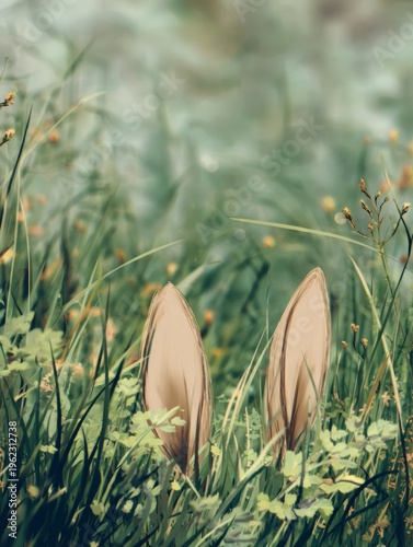 Cute bunny peeking from tall grasses in a lush garden or meadow.