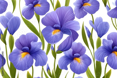 Purple iris flowers creating seamless botanical pattern