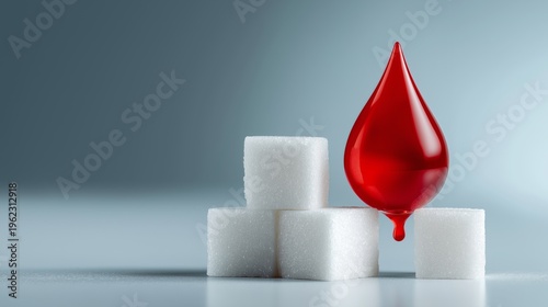 Sugar cubes stack with red blood droplet representing diabetes risk glucose levels and health impact of sugar consumption for medical awareness nutrition balance and metabolic disease concept