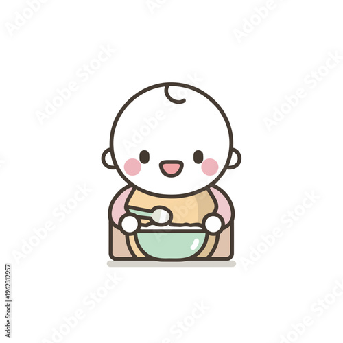 Cute baby eating food from bowl with spoon