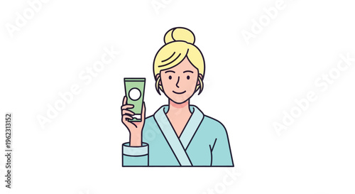Woman holding smartphone in minimalist line art style with pastel colors for mobile app design