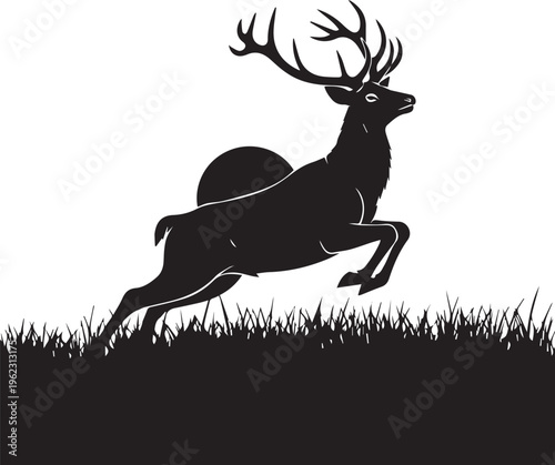 Black silhouette of a running deer with antlers on grassy hill isolated on white background