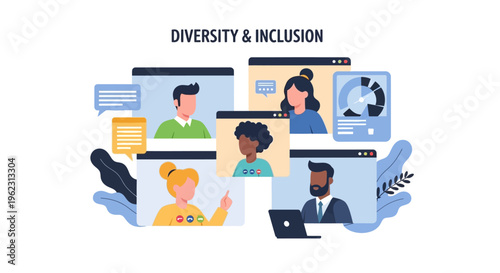 Diversity and Inclusion Remote Team Meeting. Global Multicultural Employees Collaborating Online in a Virtual Video Conference Call with Mixed Group.