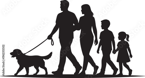 Silhouette of a happy family, including parents, children, and their dog, enjoying a peaceful outdoor walk together