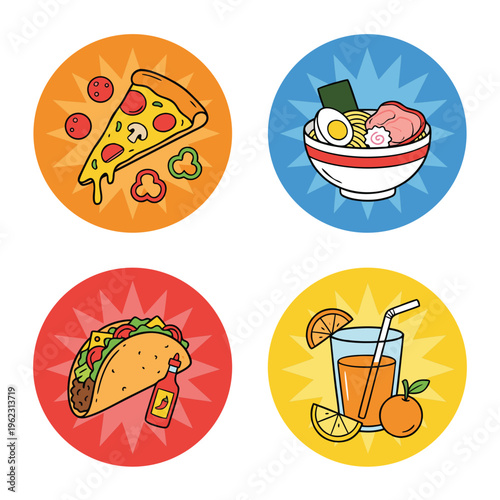 Collection of four circular icons featuring popular fast food and drinks.