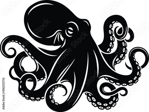 A black and white illustration of an octopus