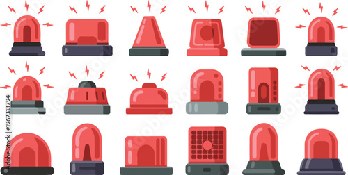 Emergency siren icon set with red beacon alarm lights glossy flashing police ambulance signal warning vector illustration