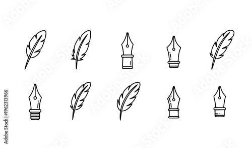 Fountain pen nib and feather quill icon collection outline and flat style writing symbols for design
