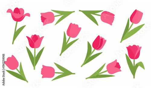 Pink tulip flat icon set scattered floral symbols minimal spring flower vector design