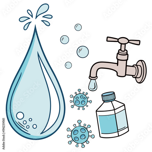 Vector illustration of a water drop with a faucet and hand sanitizer bottle, emphasizing hygiene and cleanliness