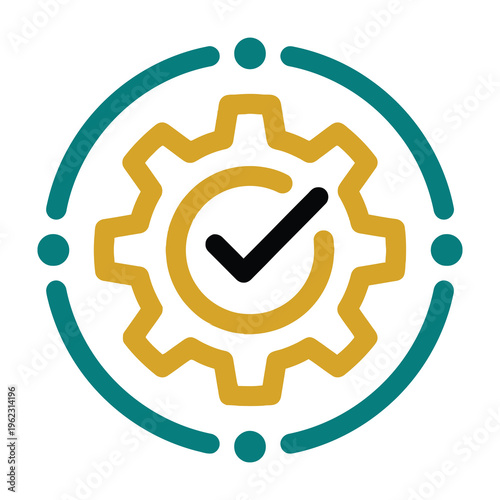 Yellow gear icon with black checkmark inside teal circle on white background symbolizing approval and mechanical process