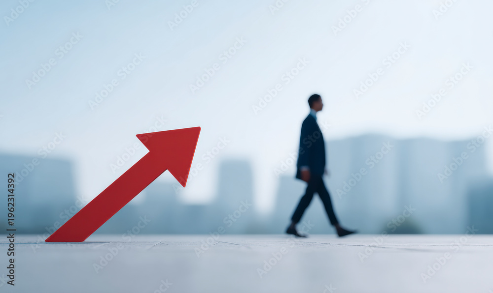 Fototapeta premium Business Success Path: Man Walk Toward Upward Red Arrow in Cityscape