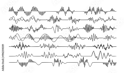 Sinusoid wave signals set black sound wave curves audio frequency amplitude vector illustration