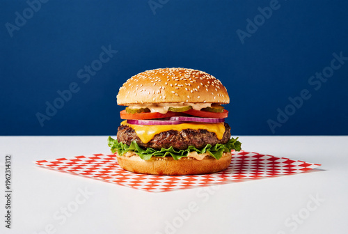 Fotografie Gourmet Beef Cheese burger with Lettuce, Tomato, Onion, and Pickles on a Red Checkered Paper