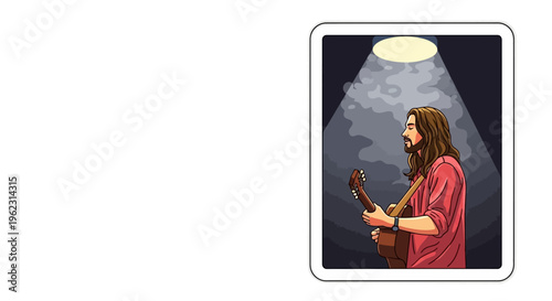Illustration of a musician playing an acoustic guitar under a spotlight on stage