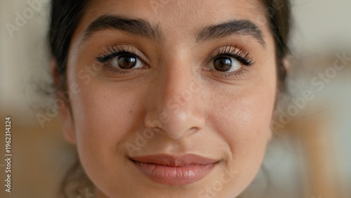 Fotografie Portrait close up happy Indian woman at home smiling attractive beautiful health