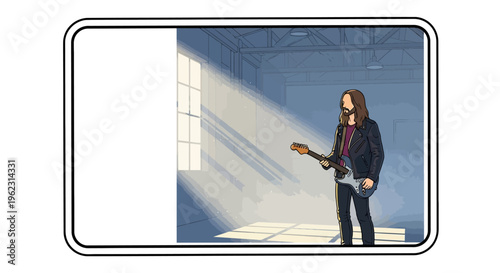 Man holding electric guitar in industrial warehouse with cinematic lighting rays