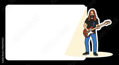 Bearded musician playing electric guitar beside large blank copy space banner.