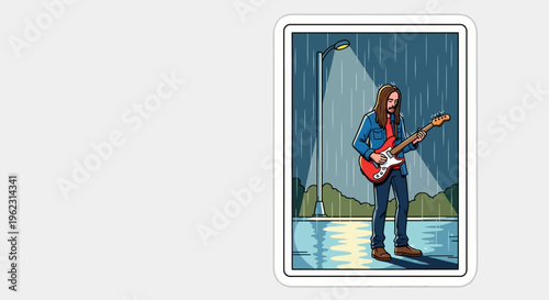 Illustration of a musician playing electric guitar under a street lamp in the rain