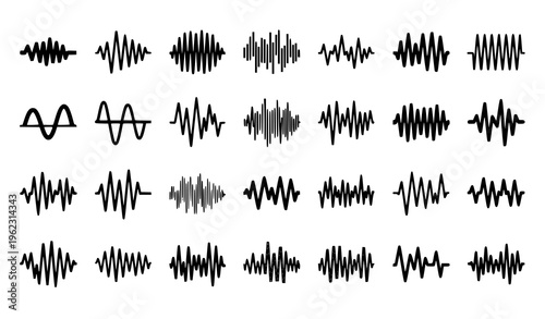 Sound wave icon set pulse lines and audio signal patterns flat black waveform collection vector